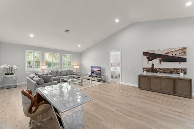 8017 Chilton Dr, Orlando, FL 32836 - living area with light wood-style flooring, recessed lighting, baseboards, and high vaulted ceiling