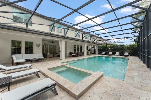 8017 Chilton Dr, Orlando, FL 32836 - view of pool featuring an outdoor living space, a patio area, ceiling fan, outdoor dining space, and a pool with connected hot tub