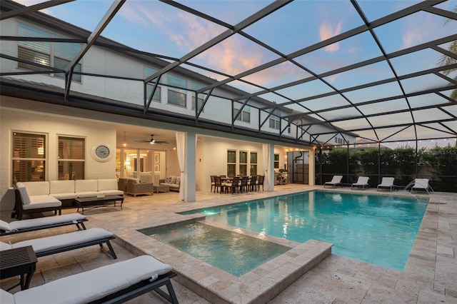 8017 Chilton Dr, Orlando, FL 32836 - view of swimming pool with an outdoor living space, a patio, ceiling fan, outdoor dining space, and a pool with connected hot tub