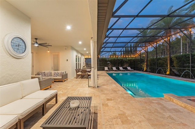 8017 Chilton Dr, Orlando, FL 32836 - swimming pool with an outdoor living space, a patio, a ceiling fan, and glass enclosure