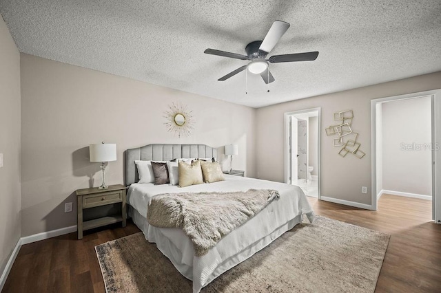 bedroom with a textured ceiling, wood finished floors, a ceiling fan, and baseboards