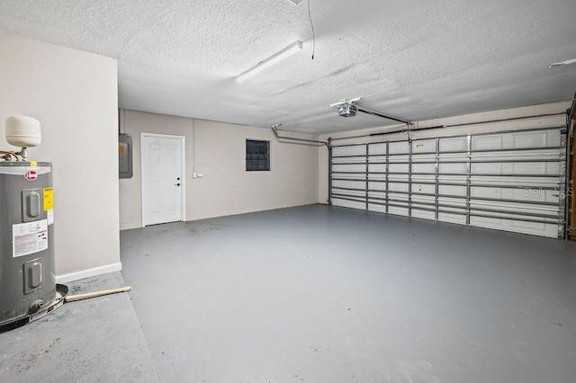 garage with concrete block wall, electric panel, water heater, and a garage door opener
