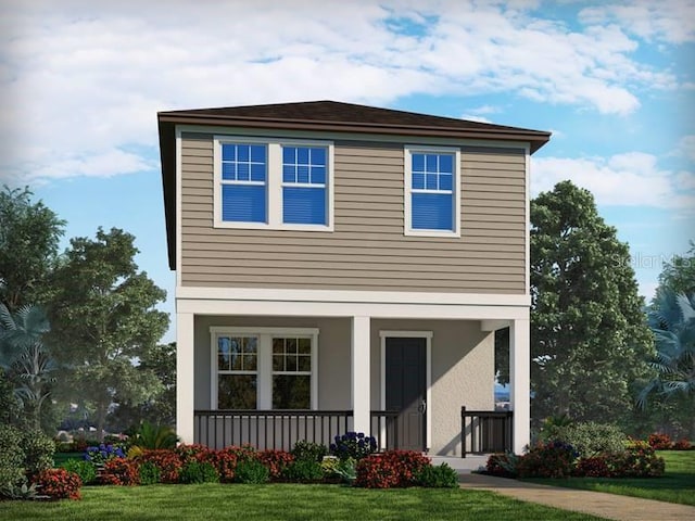 view of front of house featuring a porch and a front lawn