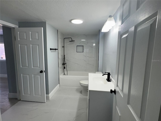 3735 Alabama Ave NE, Saint Petersburg, FL 33703 - bathroom with a textured ceiling, shower / bathtub combination, baseboards, vanity, and marble finish floor