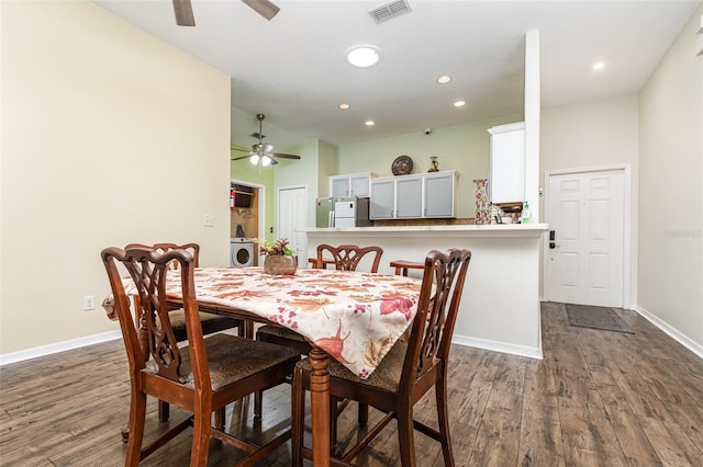 dining area with ceiling fan, recessed lighting, wood finished floors, and visible vents