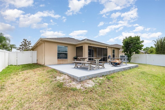 back of house featuring a patio, a fenced backyard, stucco siding, and a yard