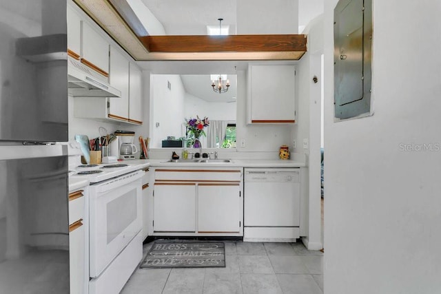3106 S Semoran Blvd Unit P-2, Orlando, FL 32822 - kitchen with white appliances, electric panel, under cabinet range hood, light countertops, and a chandelier