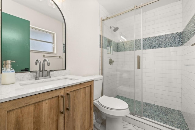 full bath with vanity, toilet, and a stall shower
