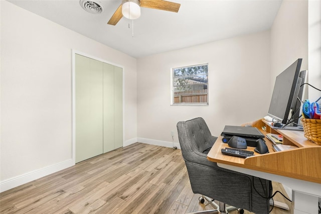 office space with baseboards, visible vents, wood finished floors, and ceiling fan