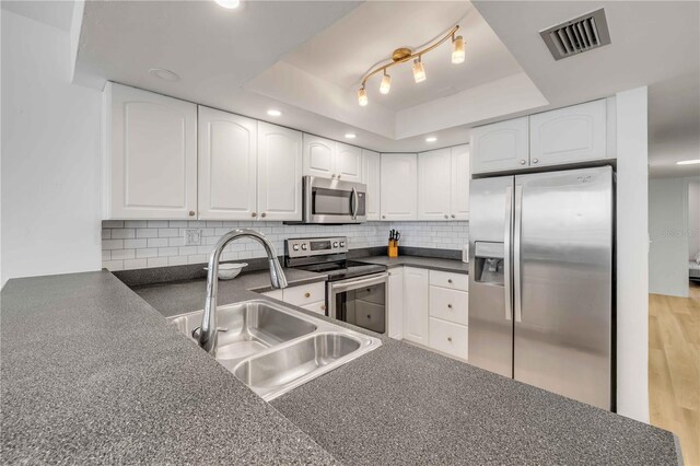 4139 S Atlantic Ave Unit B707, New Smyrna Beach, FL 32169 - kitchen featuring dark countertops, appliances with stainless steel finishes, a sink, a raised ceiling, and visible vents
