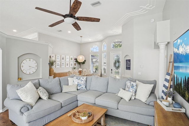 336 Plantation Club Dr, Debary, FL 32713 - living room featuring recessed lighting, ceiling fan, visible vents, and ornamental molding