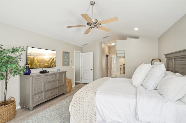 336 Plantation Club Dr, Debary, FL 32713 - bedroom featuring visible vents, light wood finished floors, ceiling fan, and lofted ceiling