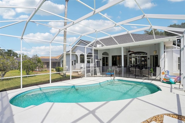 336 Plantation Club Dr, Debary, FL 32713 - outdoor pool featuring glass enclosure, a patio, and ceiling fan