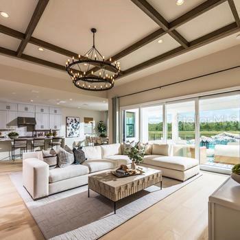 9429 Golden Laurel Ln, Orlando, FL 32827 - living room featuring coffered ceiling, beam ceiling, a chandelier, recessed lighting, and light wood finished floors