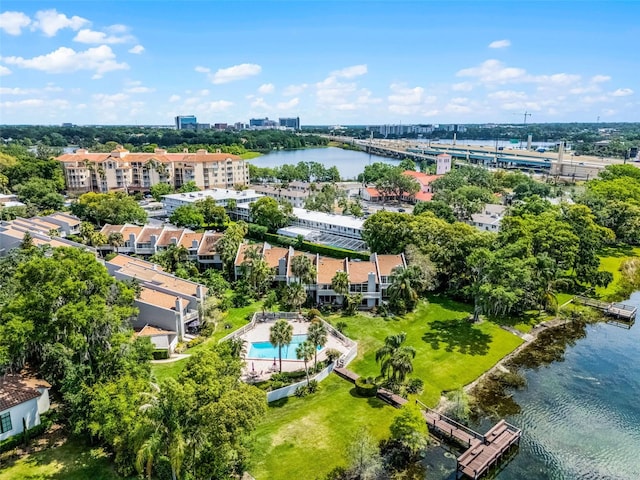 drone / aerial view featuring a water view