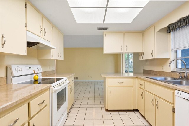 kitchen with a sink, visible vents, white appliances, under cabinet range hood, and light tile patterned floors