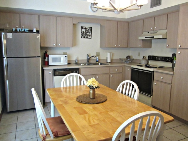 2073 Oak Meadow Cir S, Daytona, FL 32119 - kitchen featuring a sink, visible vents, white appliances, under cabinet range hood, and light tile patterned floors