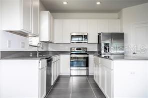 1163 James Paul Rd, Davenport, FL 33837 - kitchen with appliances with stainless steel finishes, white cabinetry, a sink, an island with sink, and dark tile patterned floors