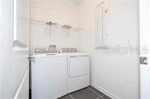 1163 James Paul Rd, Davenport, FL 33837 - laundry area featuring washing machine and clothes dryer, dark tile patterned floors, and baseboards