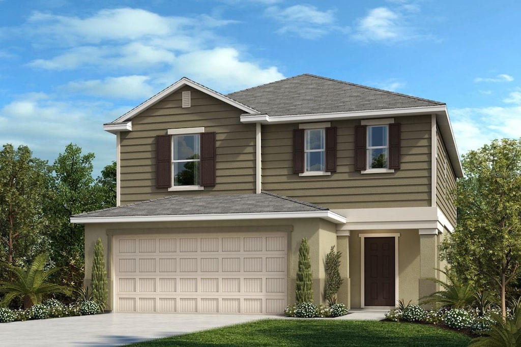 traditional-style home with stucco siding, roof with shingles, concrete driveway, and an attached garage