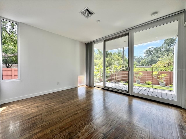 empty room with visible vents, wood finished floors, a wealth of natural light, and expansive windows
