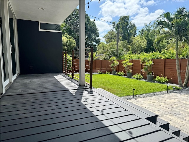 deck featuring a lawn and a fenced backyard