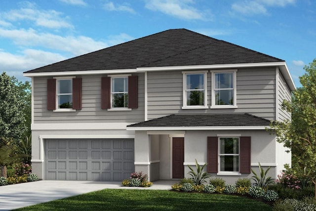 traditional home featuring stucco siding, concrete driveway, a shingled roof, and a garage
