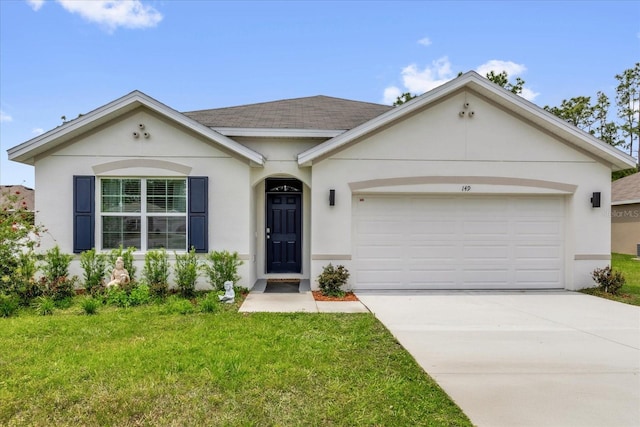 ranch-style home with an attached garage, driveway, a front yard, and stucco siding
