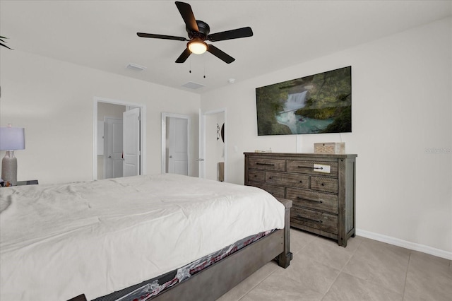 bedroom featuring ceiling fan, baseboards, light tile patterned flooring, and visible vents