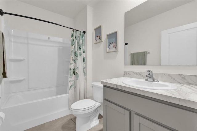 full bathroom with shower / bath combo, toilet, vanity, and tile patterned floors