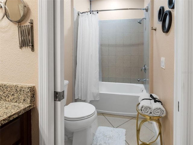 193 Captiva Dr, Davenport, FL 33896 - bathroom featuring toilet, shower / bathtub combination with curtain, tile patterned flooring, and vanity