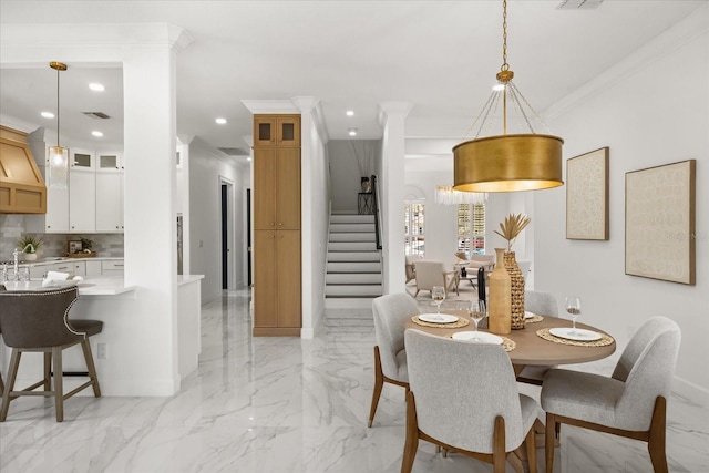 dining space featuring stairs, recessed lighting, ornamental molding, light marble finish flooring, and baseboards