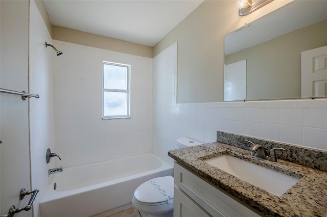 72 Campus View Dr, Orlando, FL 32810 - bathroom with backsplash, tile walls, vanity, toilet, and shower / bathtub combination