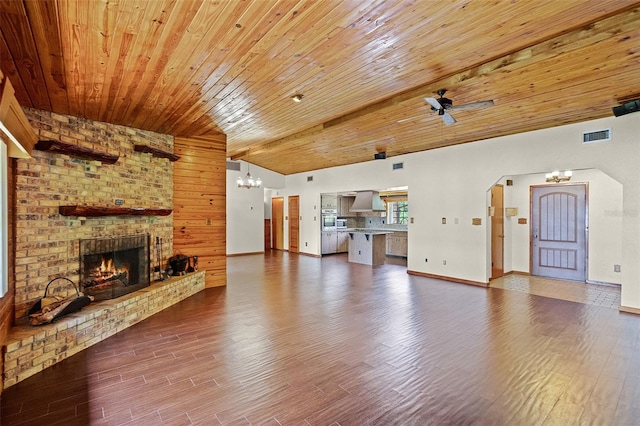 unfurnished living room featuring wood ceiling, a chandelier, visible vents, dark wood finished floors, and lofted ceiling