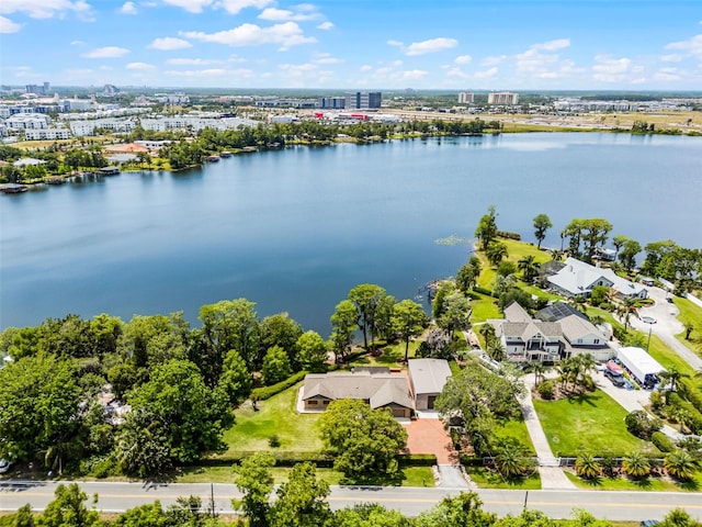 drone / aerial view with a water view