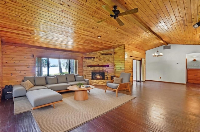 living room with wood ceiling, a stone fireplace, visible vents, wood walls, and lofted ceiling with beams
