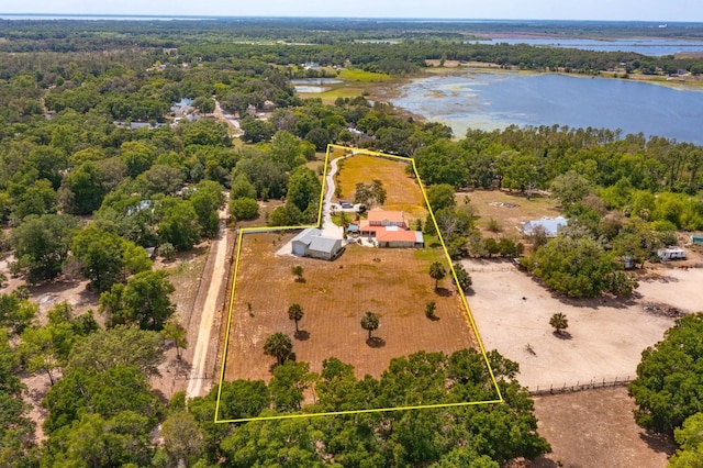 birds eye view of property featuring a water view and a view of trees