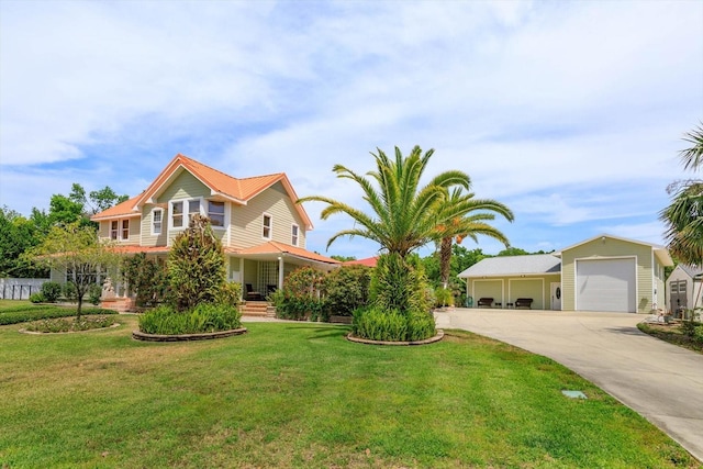 mediterranean / spanish-style house featuring a detached garage, a front yard, and concrete driveway