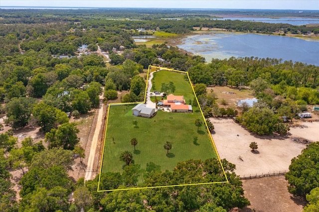 36408 E Eldorado Lake Dr, Eustis, FL 32736 - aerial view of property's location with a nearby body of water, property boundaries highlighted, and a forest