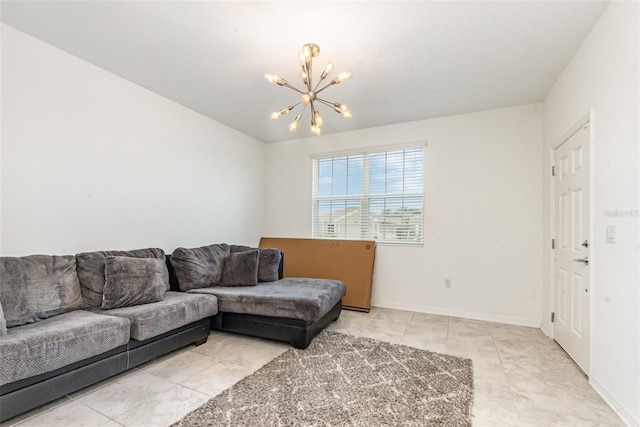 tiled living area featuring an inviting chandelier and baseboards