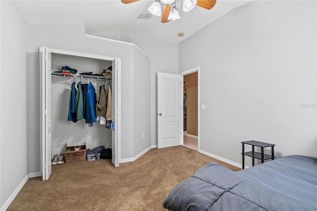 bedroom with visible vents, ceiling fan, baseboards, and carpet floors