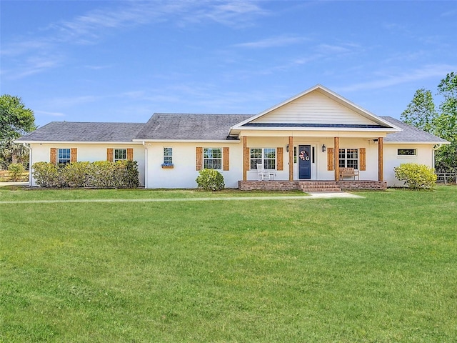 ranch-style home with a porch, a front lawn, and stucco siding