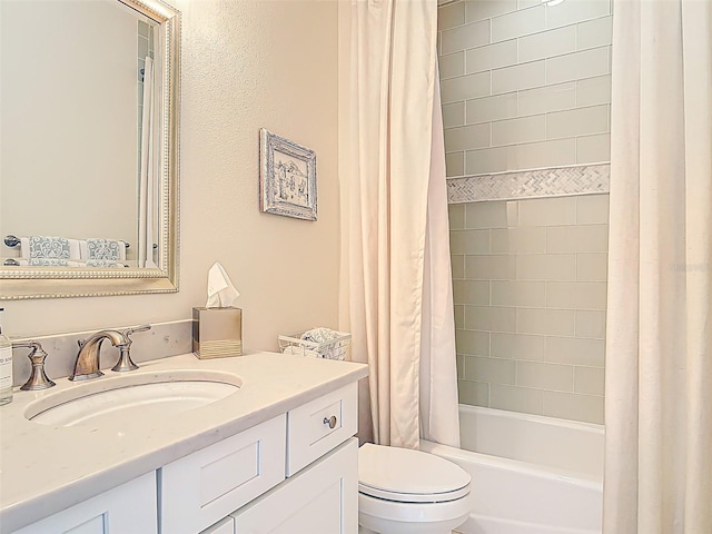 bathroom featuring vanity, toilet, and shower / tub combo with curtain