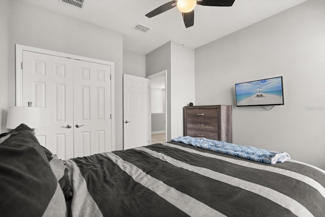 bedroom featuring a closet, ceiling fan, and baseboards