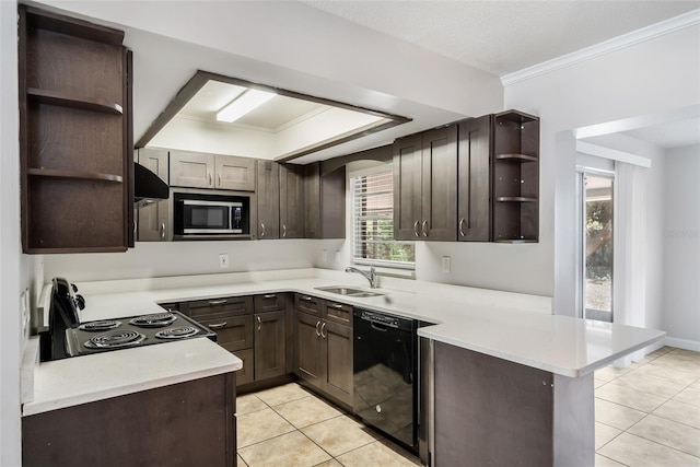 1051 Arden St, Longwood, FL 32750 - kitchen with light tile patterned flooring, open shelves, a sink, black dishwasher, and stainless steel microwave