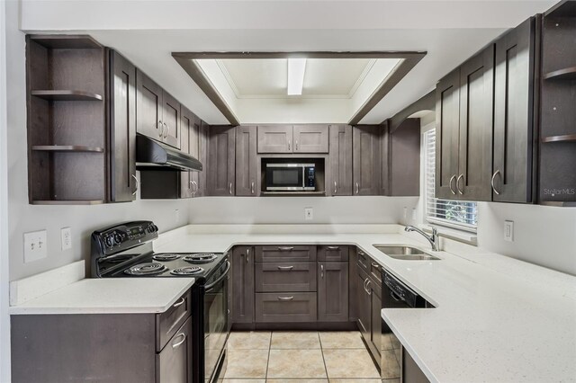 1051 Arden St, Longwood, FL 32750 - kitchen with open shelves, dark brown cabinetry, under cabinet range hood, a sink, and black appliances