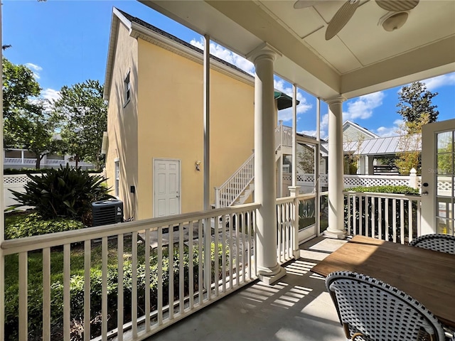 balcony featuring stairway, a ceiling fan, and central air condition unit