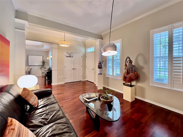 living area with baseboards, wood finished floors, and a healthy amount of sunlight