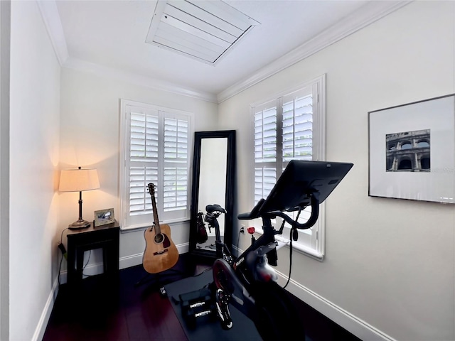 workout room with baseboards, wood finished floors, crown molding, and plenty of natural light