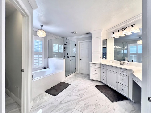 full bathroom featuring a shower stall, a healthy amount of sunlight, a garden tub, and crown molding